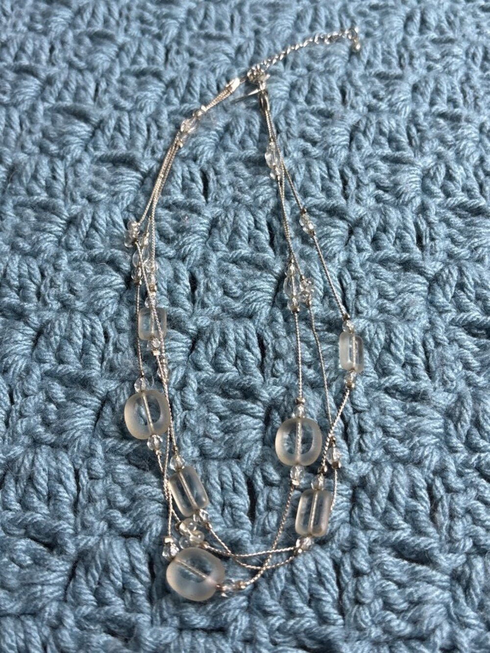 New York & Company NY Signed 3 Strand Necklace Silvertone Clear Glass Beads Y2K